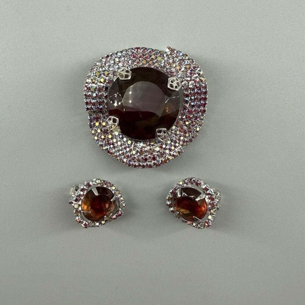 Vintage Topaz Red Givre Glass & AB Rhinestone Brooch Pin & Clip On Earrings
